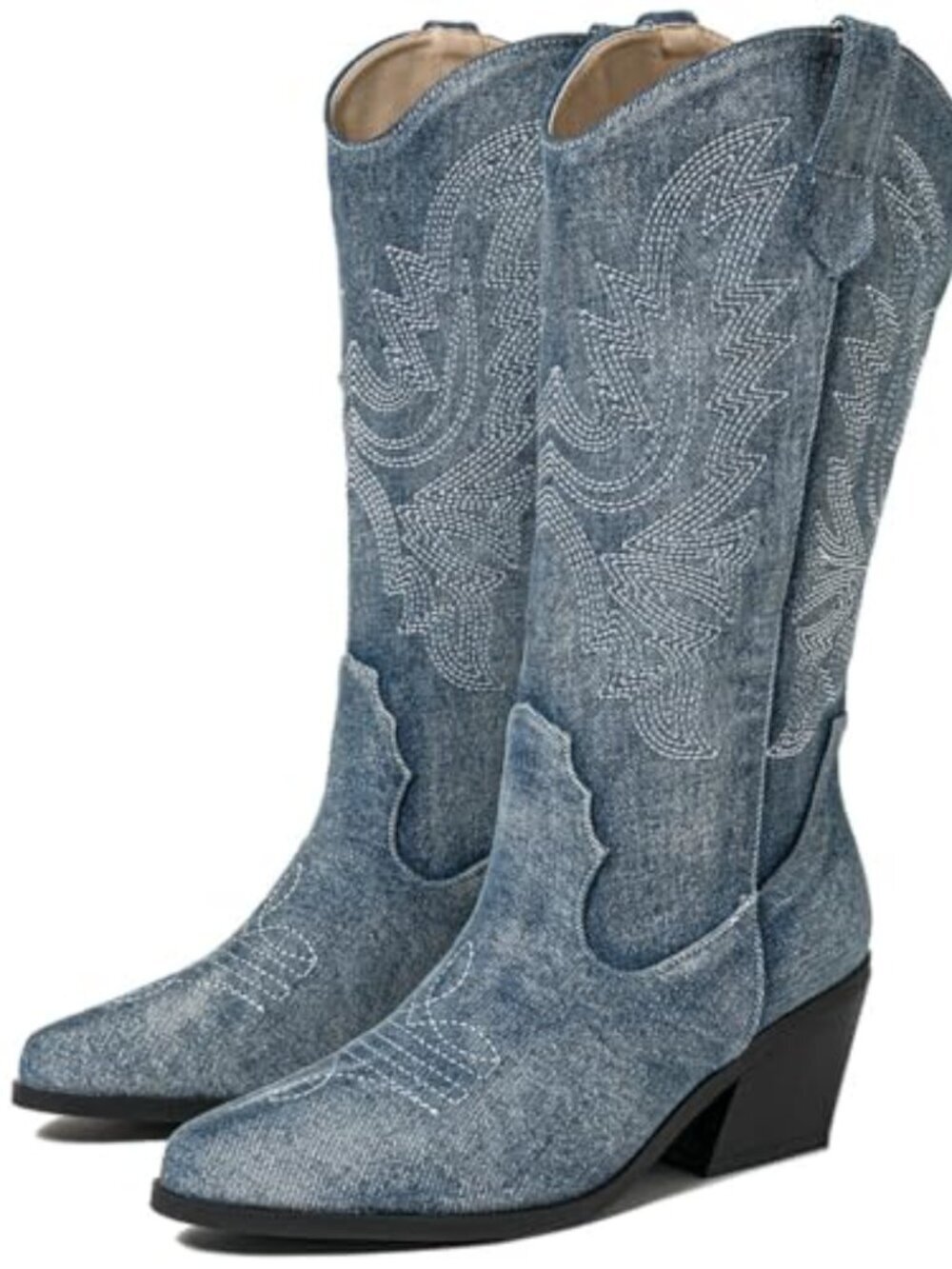 🆕 Blue Denim Cowboy Boots Mid Calf Cowgirl Boots for Women Pointed Toe Heeled